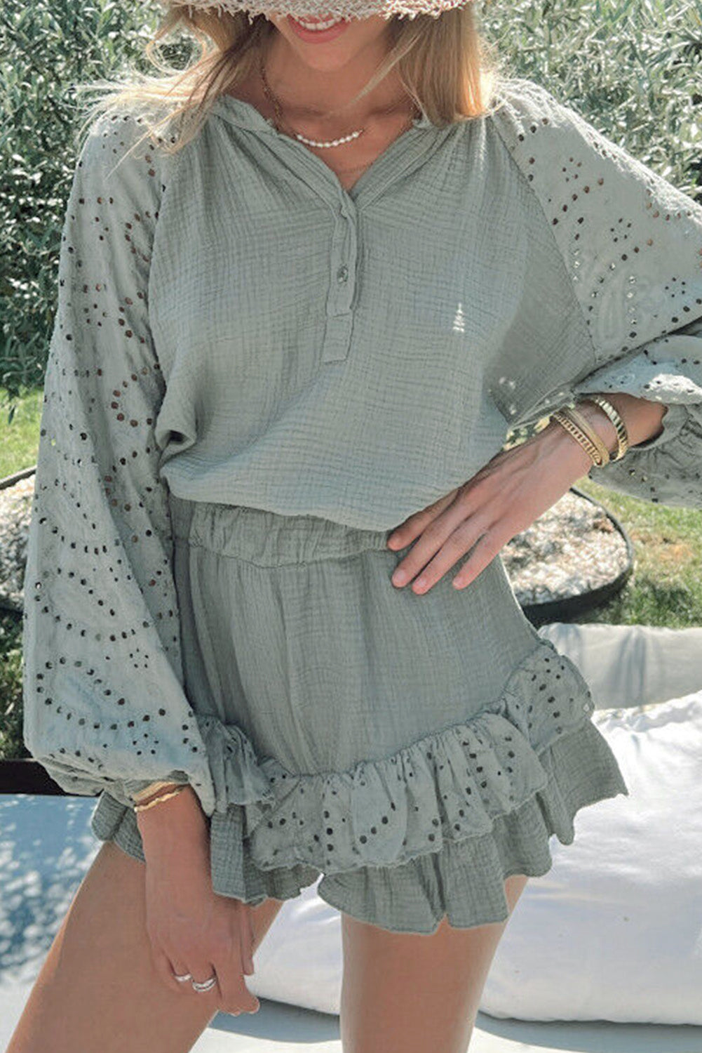 Eyelet Half-Button Top and Shorts Set - Luminous Bear Shop