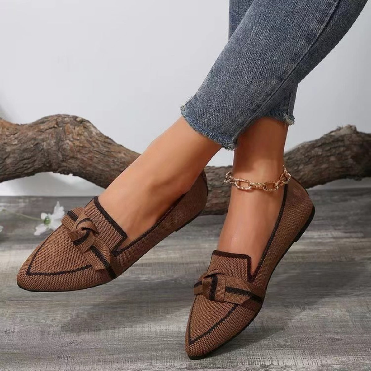 Bow Contrast Trim Point Toe Loafers - Luminous Bear Shop
