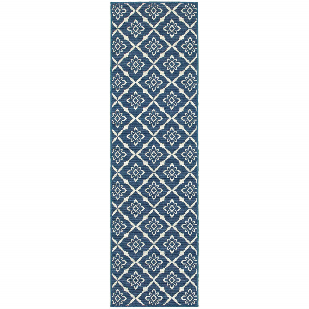 2' X 8' Blue and Ivory Floral Stain Resistant Indoor Outdoor Area Rug - Luminous Bear Shop