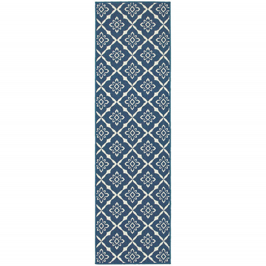 2' X 8' Blue and Ivory Floral Stain Resistant Indoor Outdoor Area Rug - Luminous Bear Shop