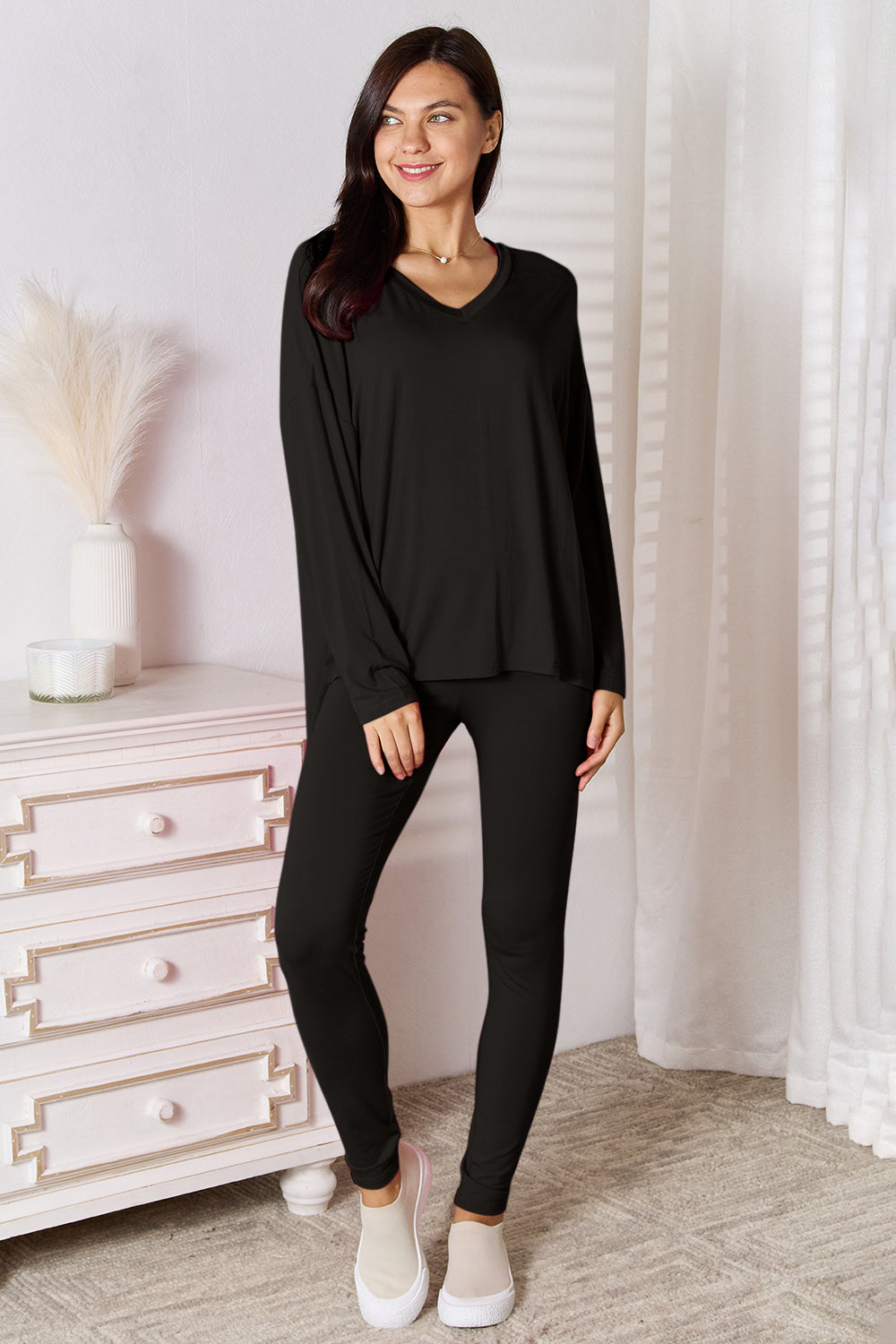 Basic Bae Full Size V-Neck Soft Rayon Long Sleeve Top and Pants Lounge Set - Luminous Bear Shop