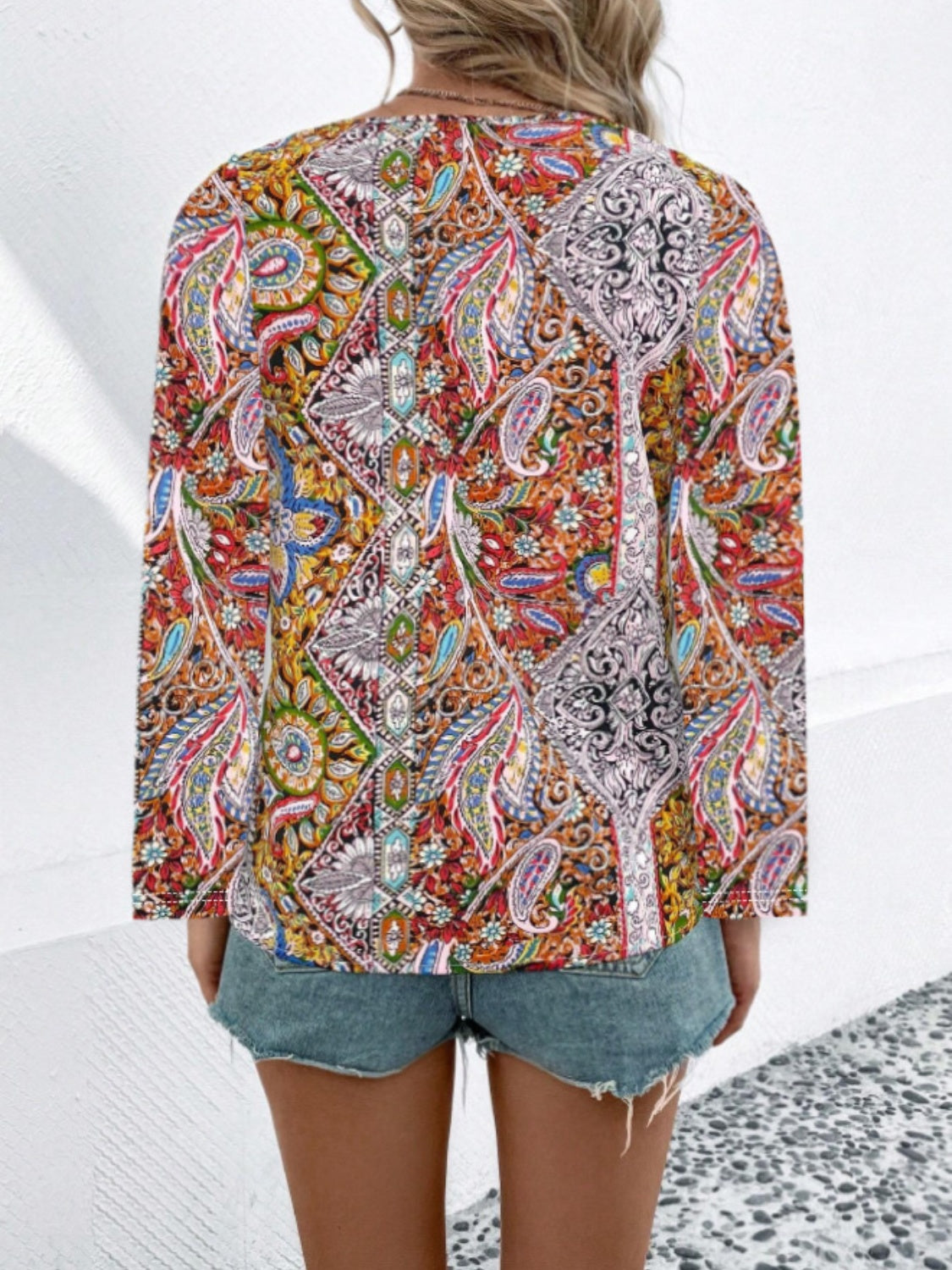 Printed V-Neck Long Sleeve Blouse - Luminous Bear Shop