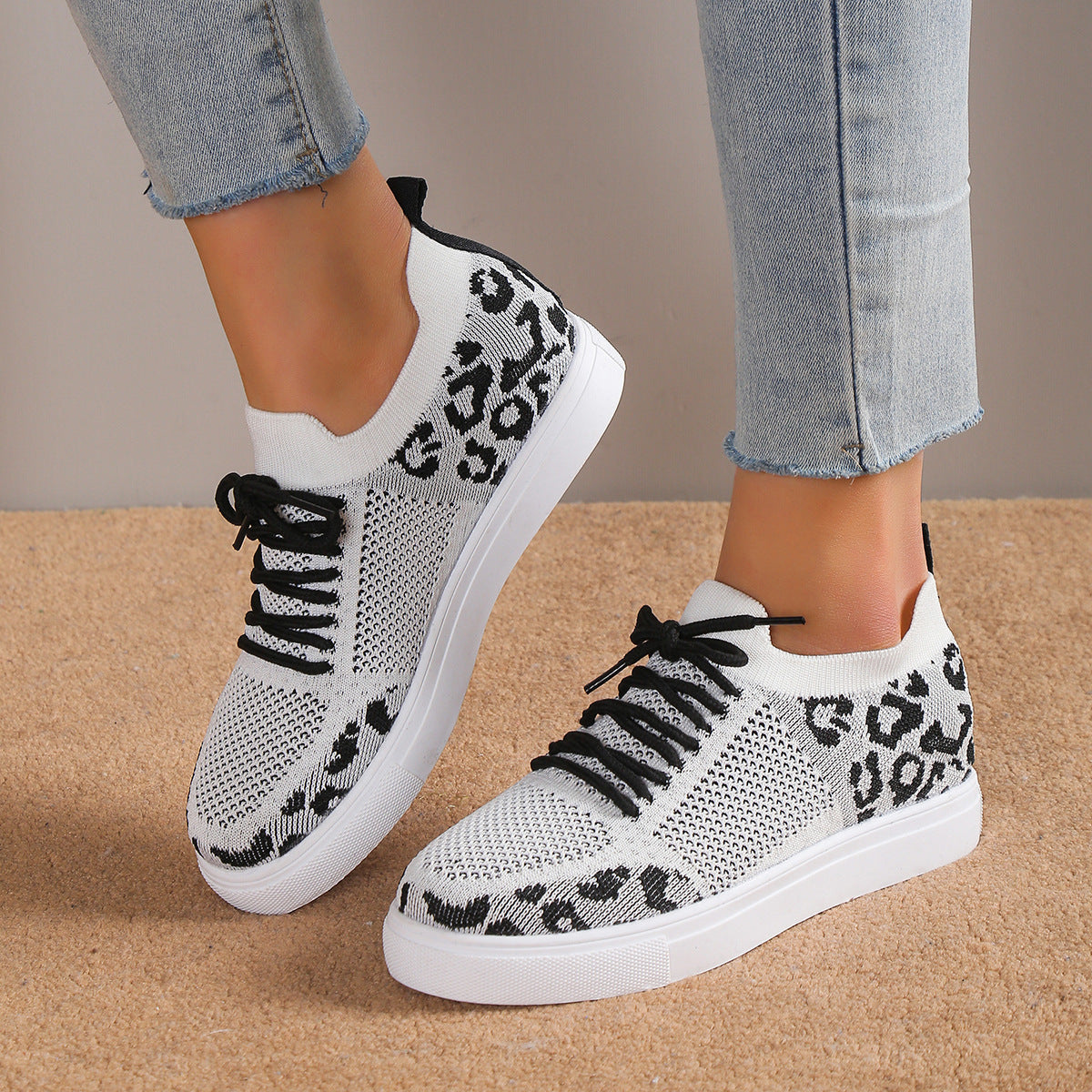Lace-Up Leopard Flat Sneakers - Luminous Bear Shop