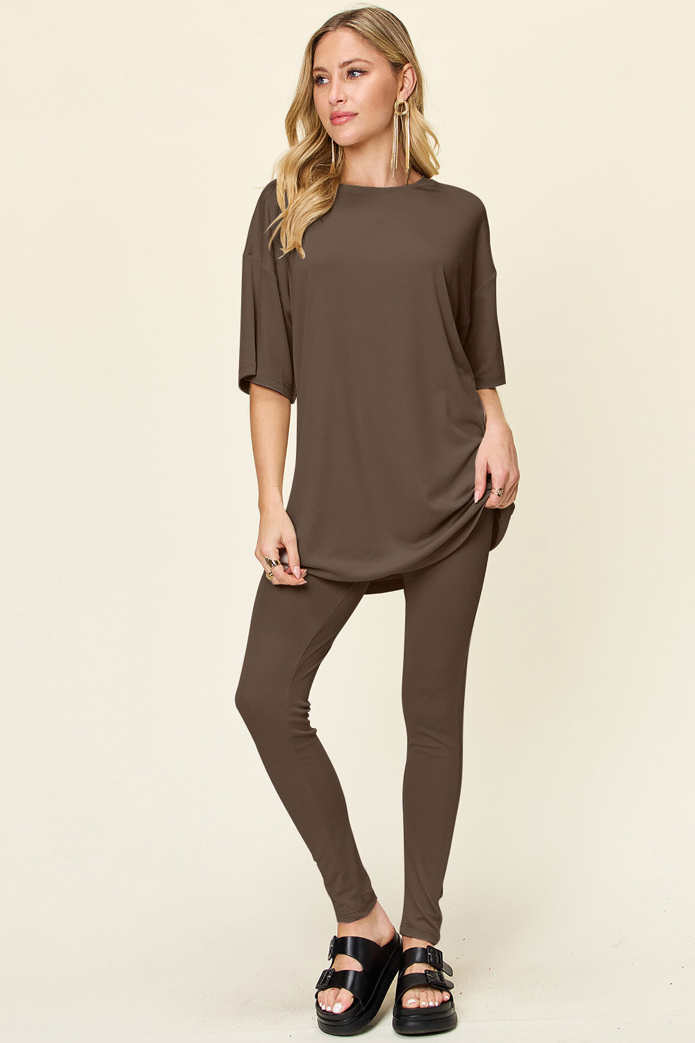 Double Take Full Size Round Neck Dropped Shoulder T-Shirt and Leggings Set - Luminous Bear Shop