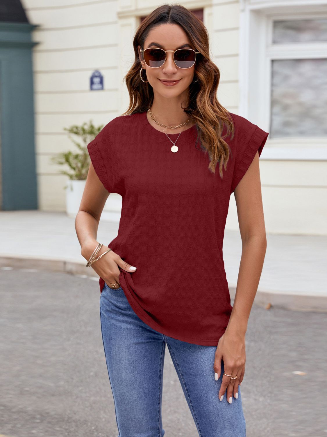 Textured Round Neck Cap Sleeve T-Shirt - Luminous Bear Shop