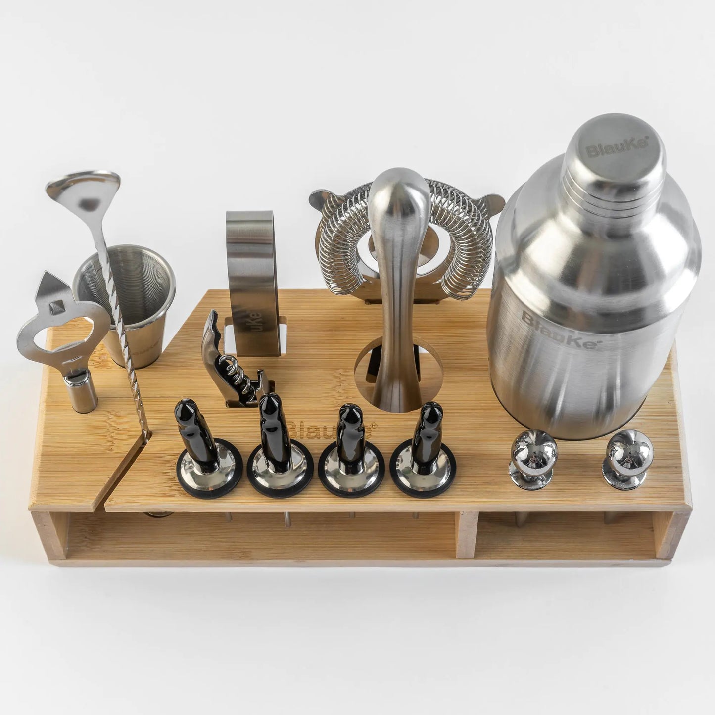 Stainless Steel Cocktail Shaker Set with Stand - 17-Piece Mixology Bartender Kit, Bar Set - 25oz Martini Shaker, Jigger, Strainer, Muddler, Mixing Spoon - Luminous Bear Shop