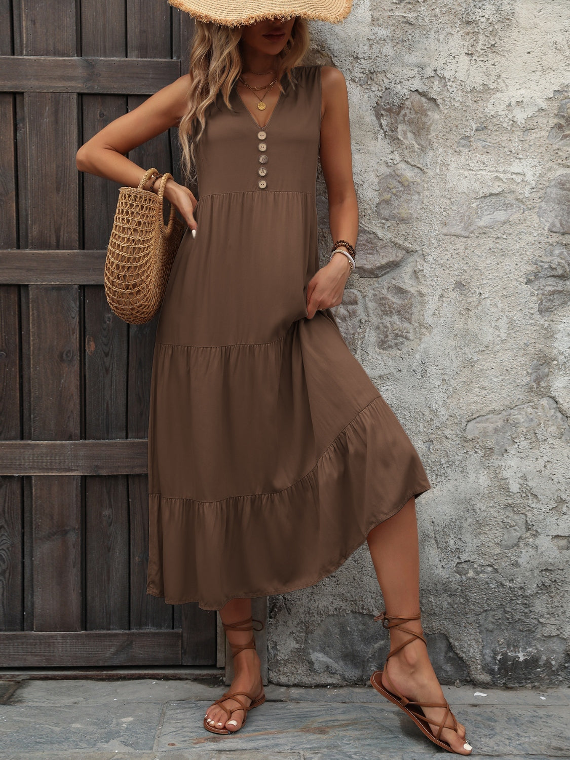 Decorative Button Notched Sleeveless Dress - Luminous Bear Shop