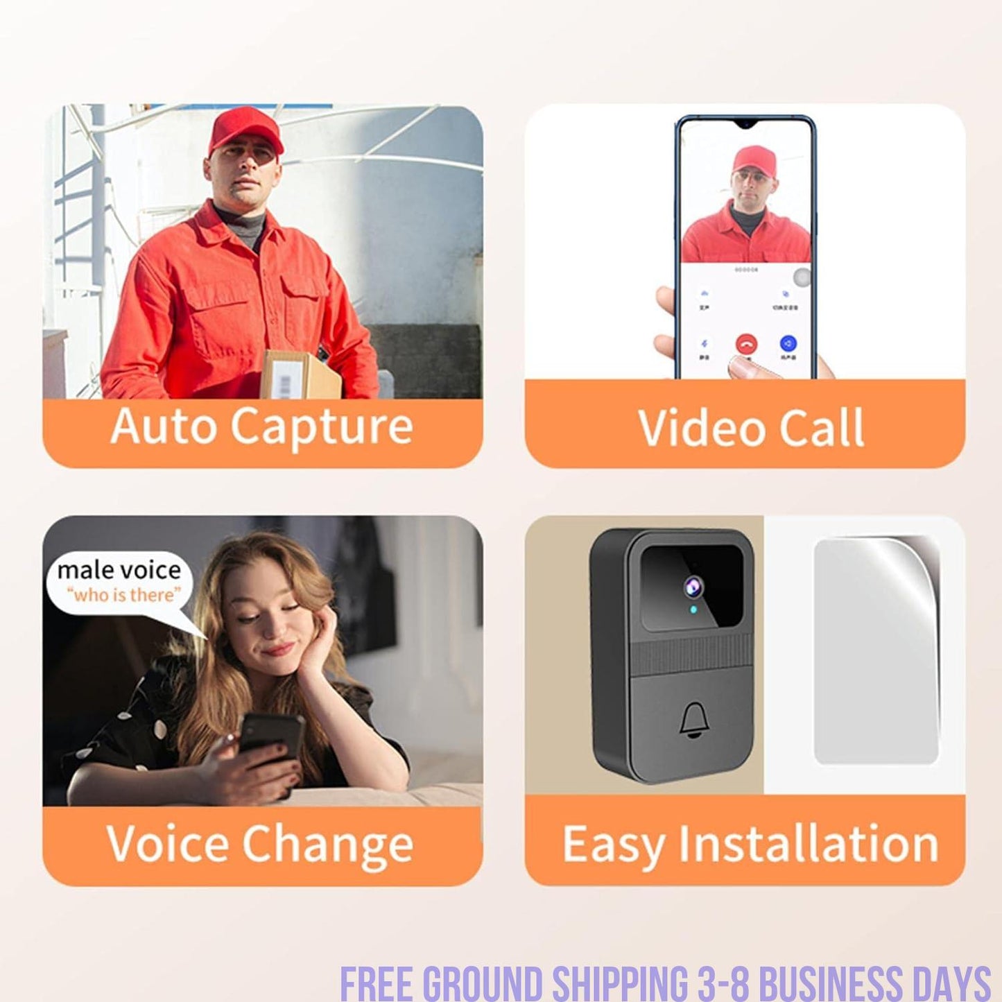 Wireless Video Doorbell Camera with Intercom – Smart Visual Doorbell, 640x480 HD, Loop Recording, Battery Powered