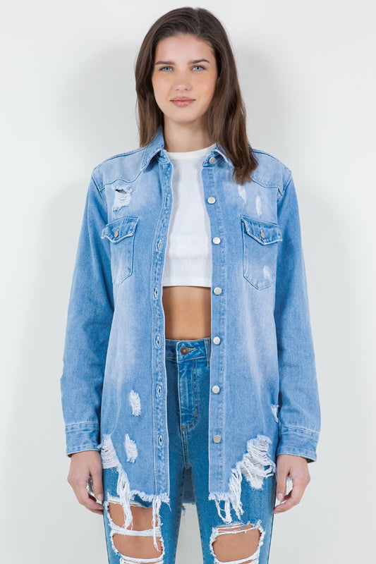 American Bazi Raw Hem Distressed Long Sleeve Denim Jacket - Luminous Bear Shop