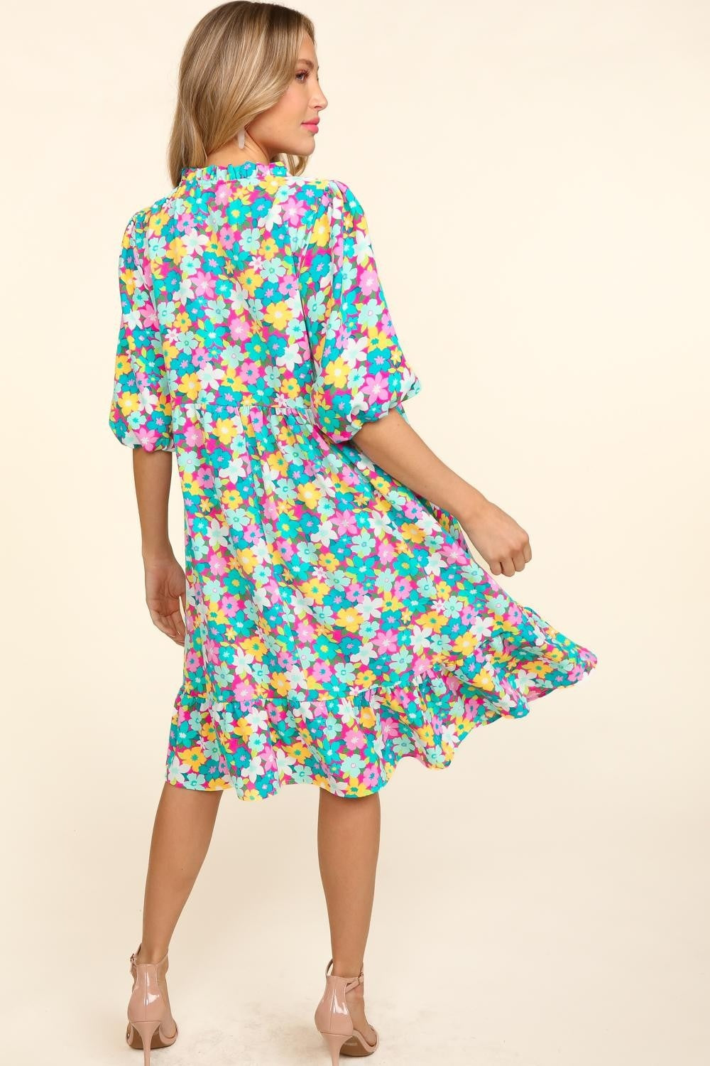 Haptics Bubble Sleeve Floral Ruffled Dress - Luminous Bear Shop