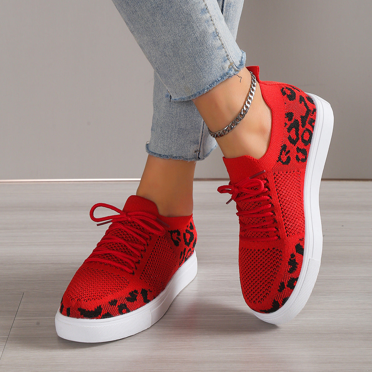 Lace-Up Leopard Flat Sneakers - Luminous Bear Shop