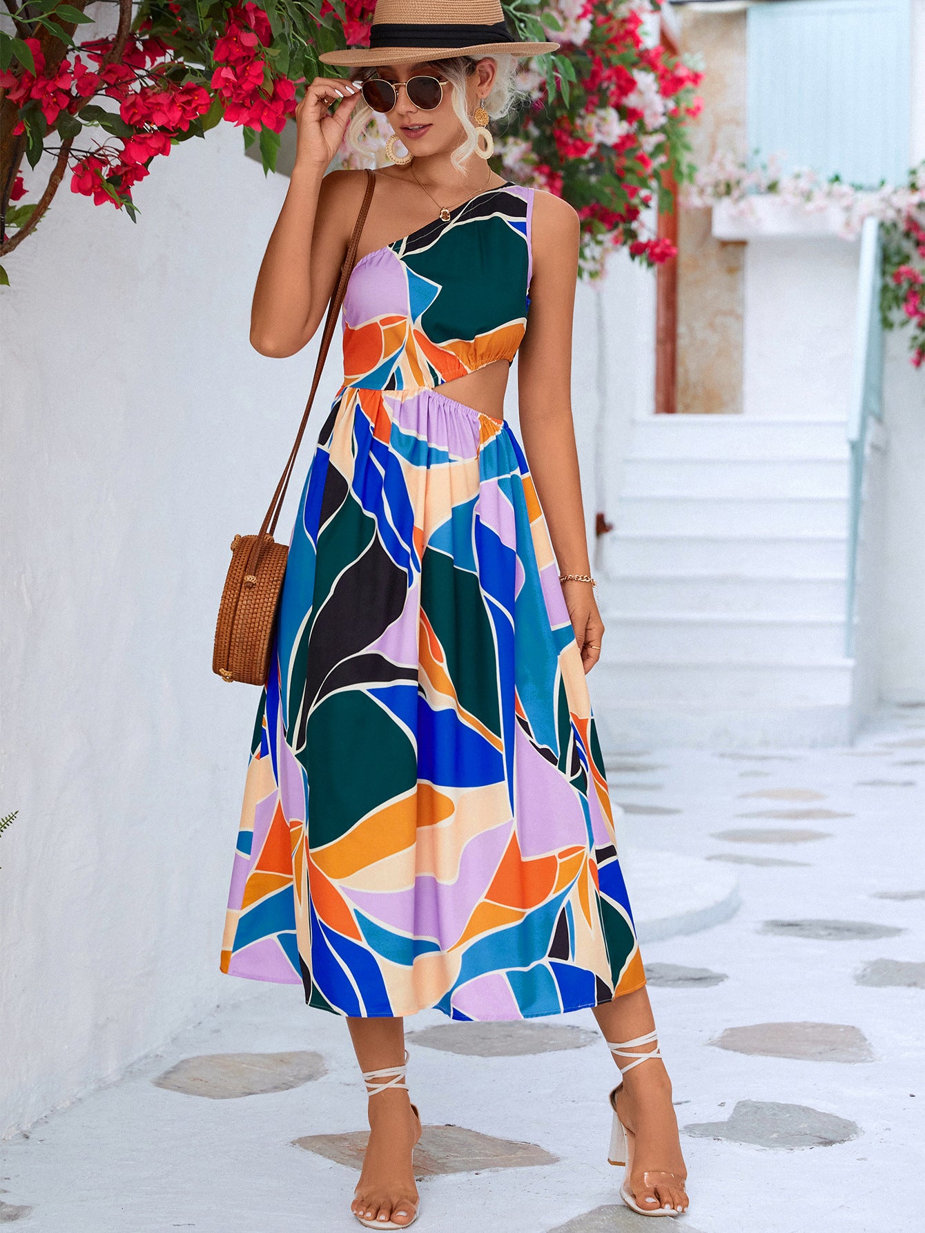 Printed Cutout One-Shoulder Sleeveless Dress - Luminous Bear Shop