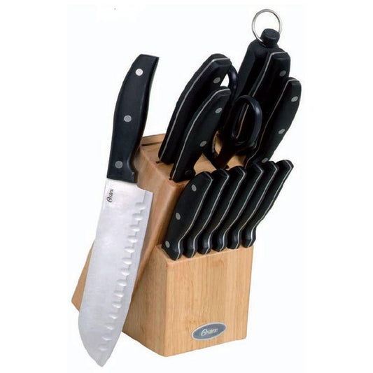 Oster Granger 14 Piece Stainless Steel Cutlery Set with Black Handles and Wooden Block - Luminous Bear Shop