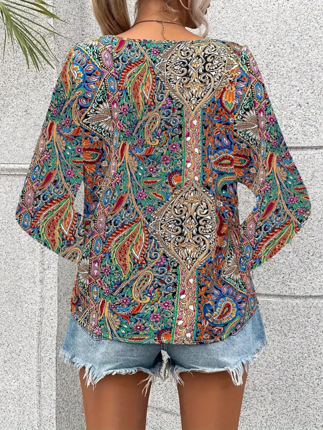 Printed V-Neck Long Sleeve Blouse - Luminous Bear Shop