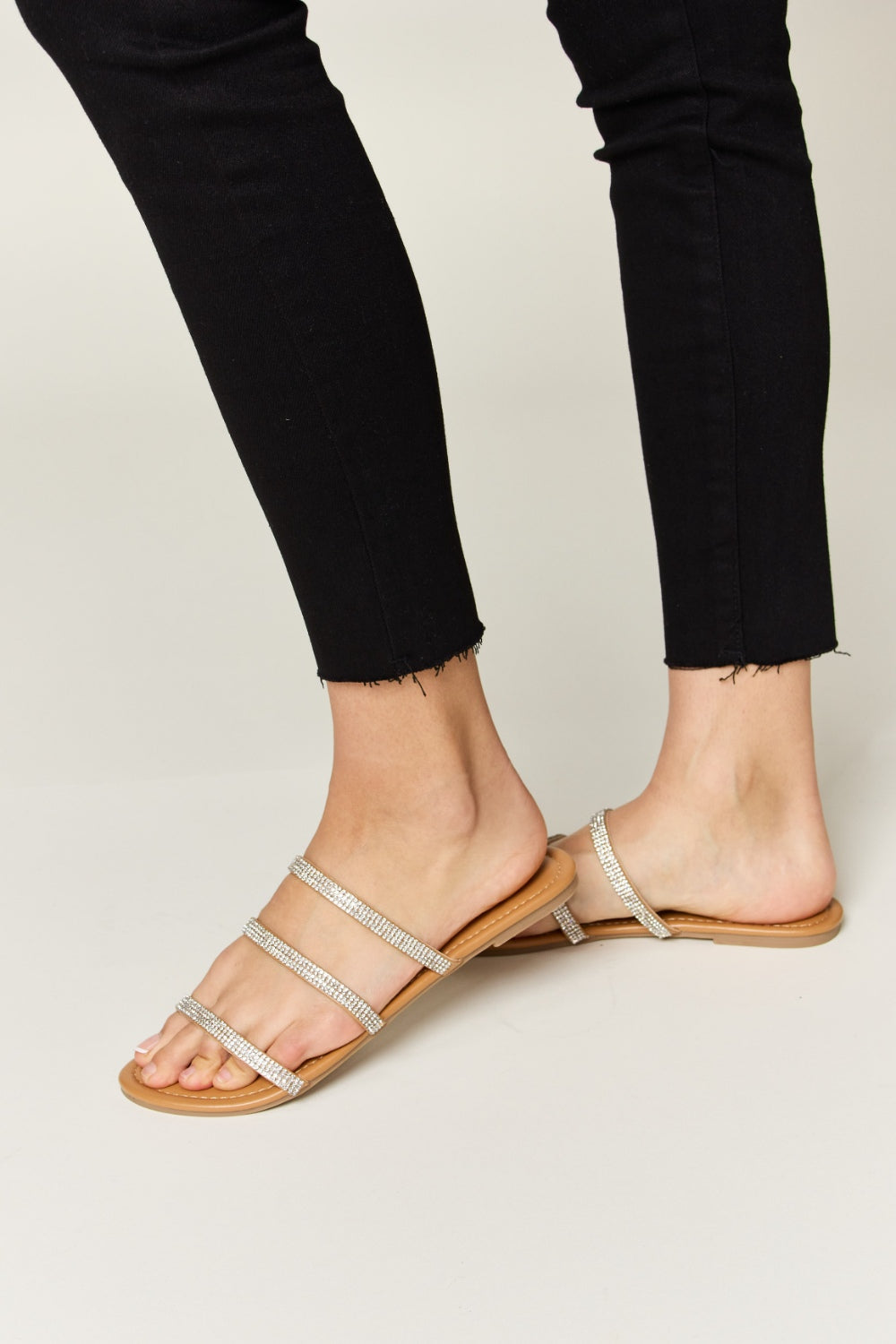 WILD DIVA Rhinestone Three-Strap Flat Sandals - Luminous Bear Shop