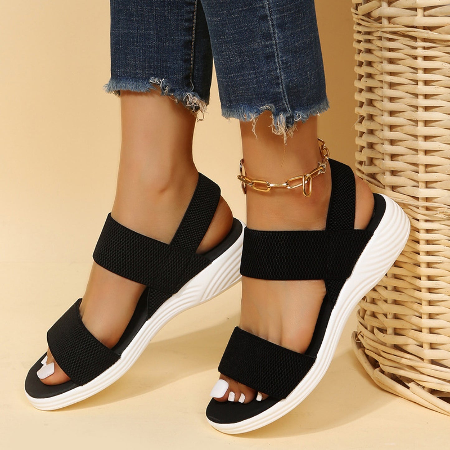 Rubber Open Toe Low Heel Sandals - Luminous Bear Shop