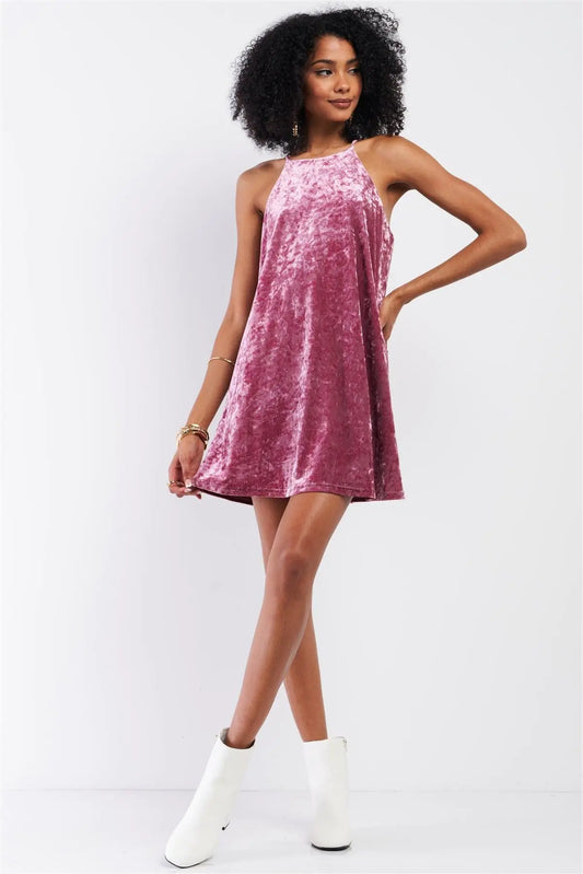 Pink Rose Velvet Square Halter Neck Mini Dress - Luminous Bear Shop