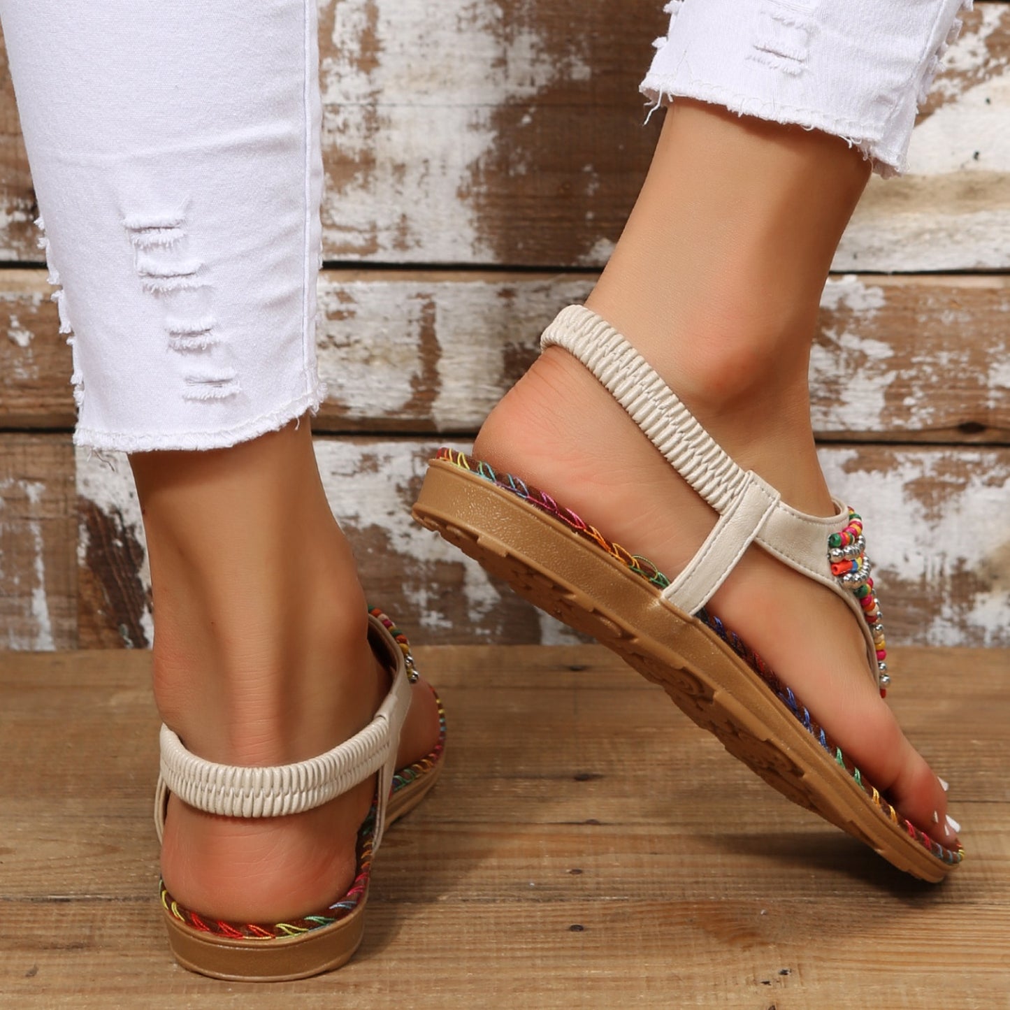 Beaded PU Leather Open Toe Sandals - Luminous Bear Shop