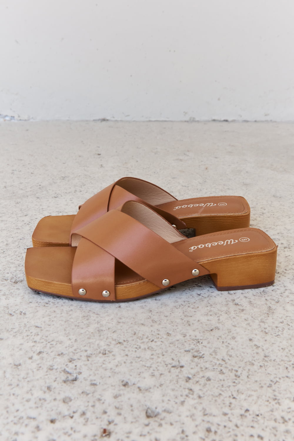 Weeboo Step Into Summer Criss Cross Wooden Clog Mule in Brown - Luminous Bear Shop