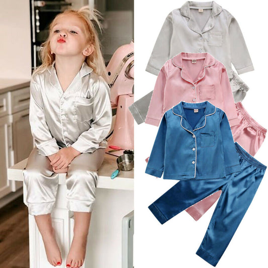 Childrens Kids Pyjamas Silk Satin Tops Pant Autumn Winter Long Sleeve Sleepwear Nightwear Girl Boy Pajama Sets - Luminous Bear Shop