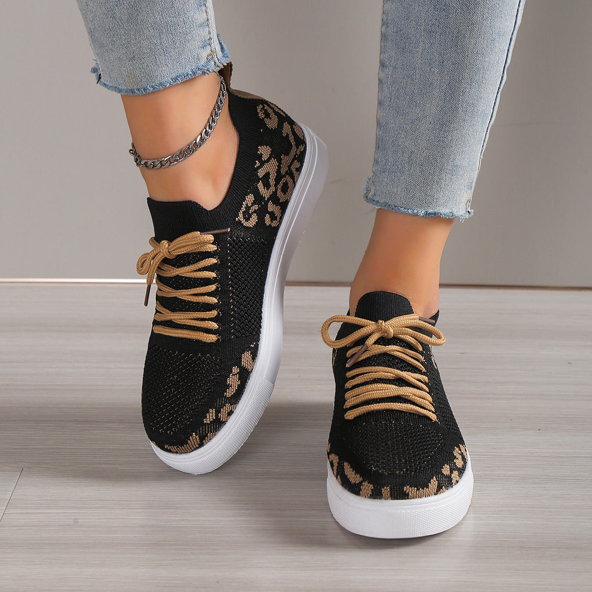 Lace-Up Leopard Flat Sneakers - Luminous Bear Shop