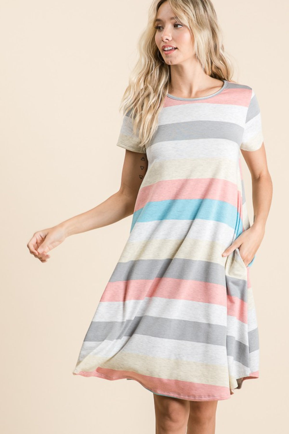 BOMBOM Striped Short Sleeve Dress with Pockets - Luminous Bear Shop