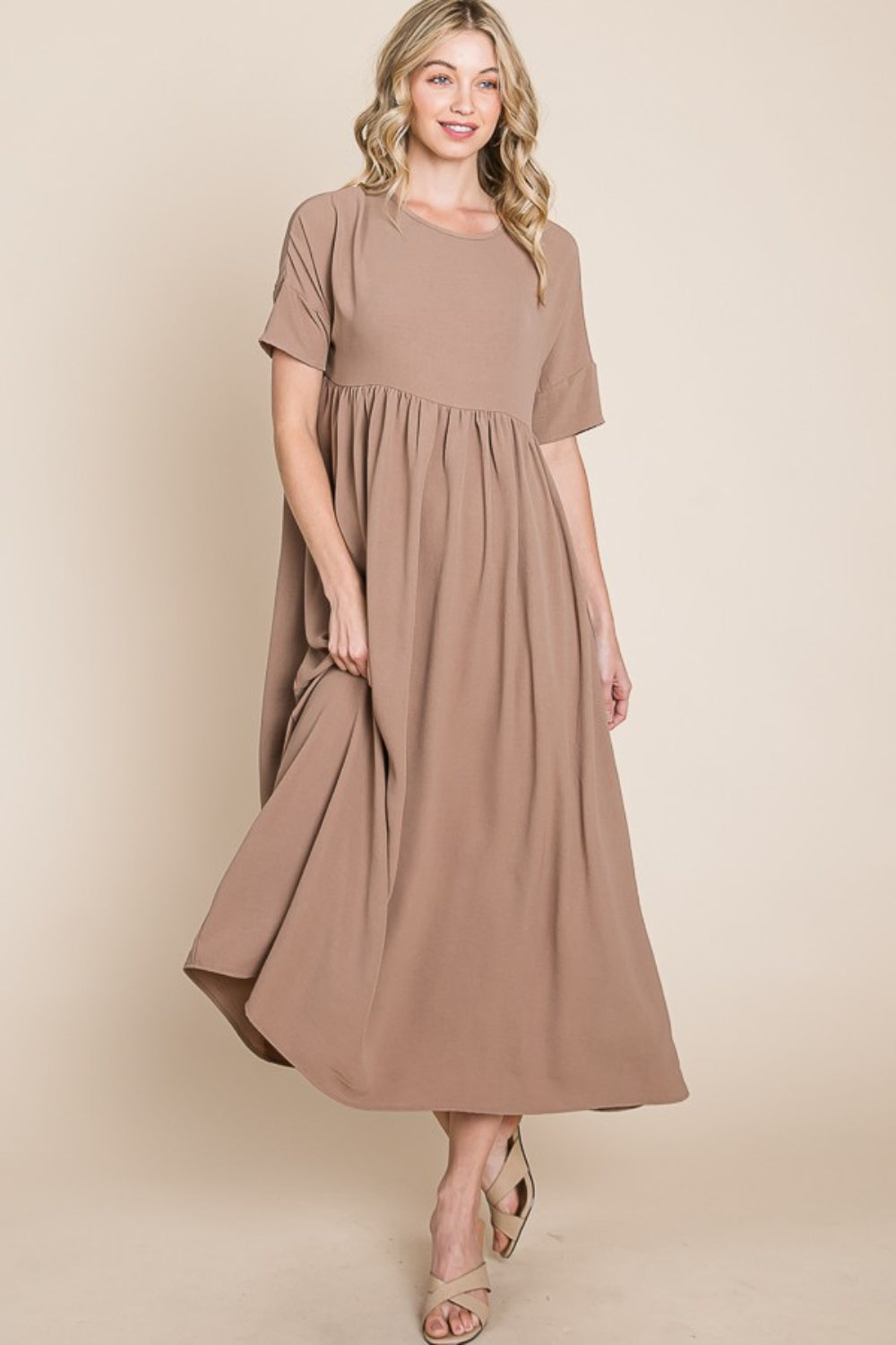 BOMBOM Round Neck Ruched Midi Dress - Luminous Bear Shop