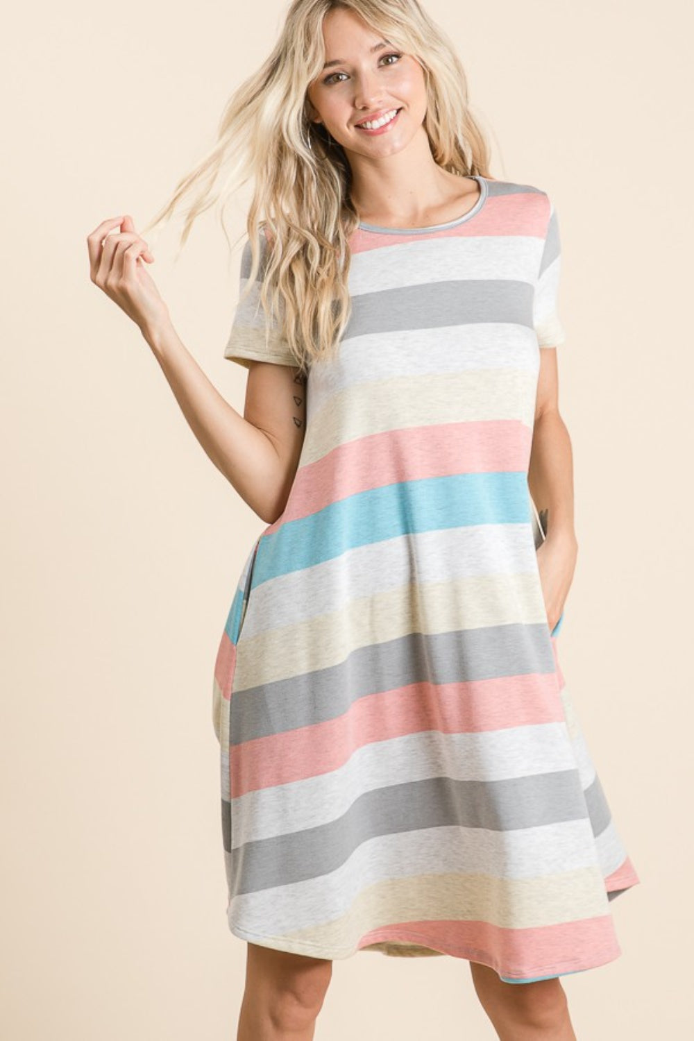 BOMBOM Striped Short Sleeve Dress with Pockets - Luminous Bear Shop