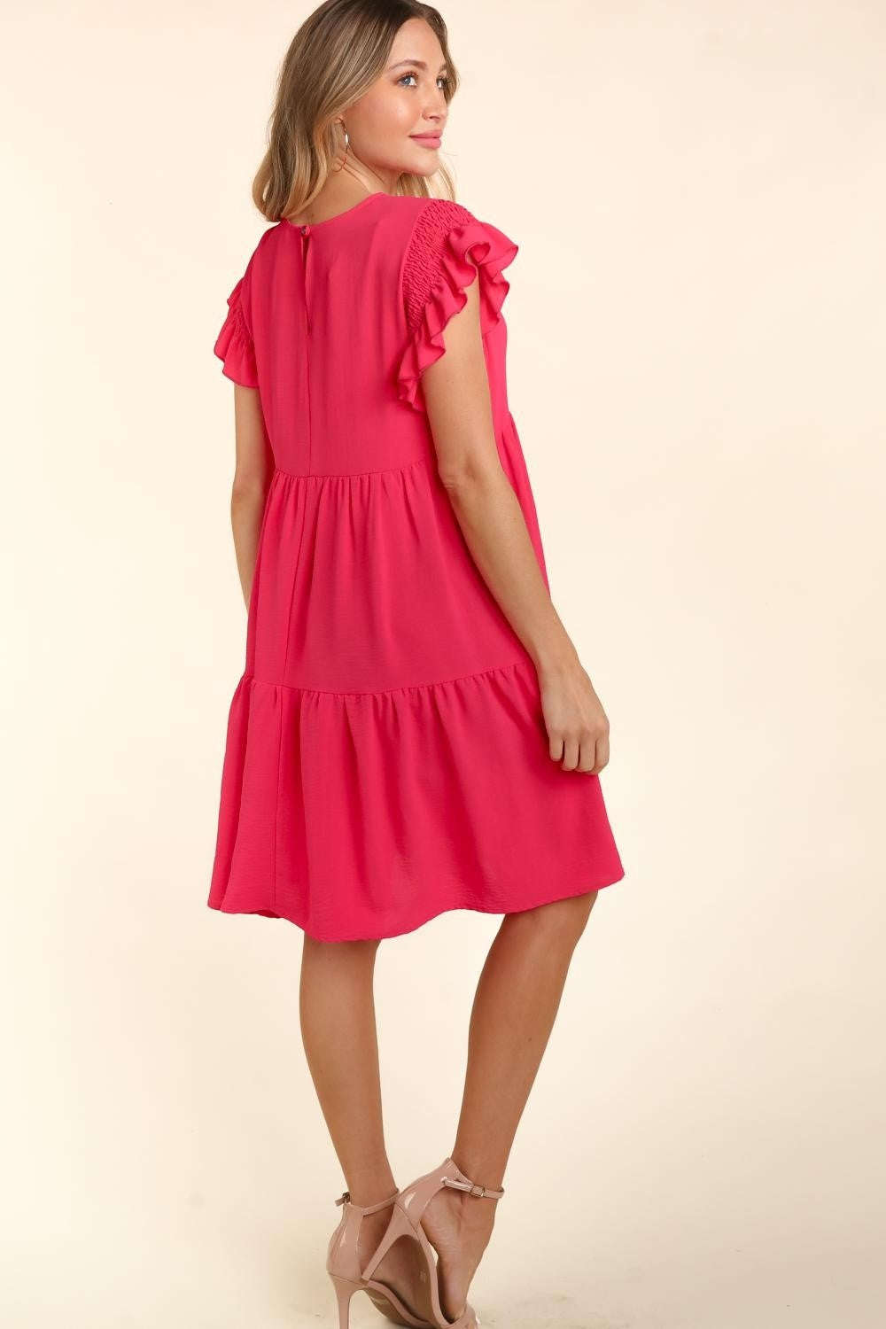 Haptics Full Size Smocking Ruffle Short Sleeve Dress with Pockets - Luminous Bear Shop