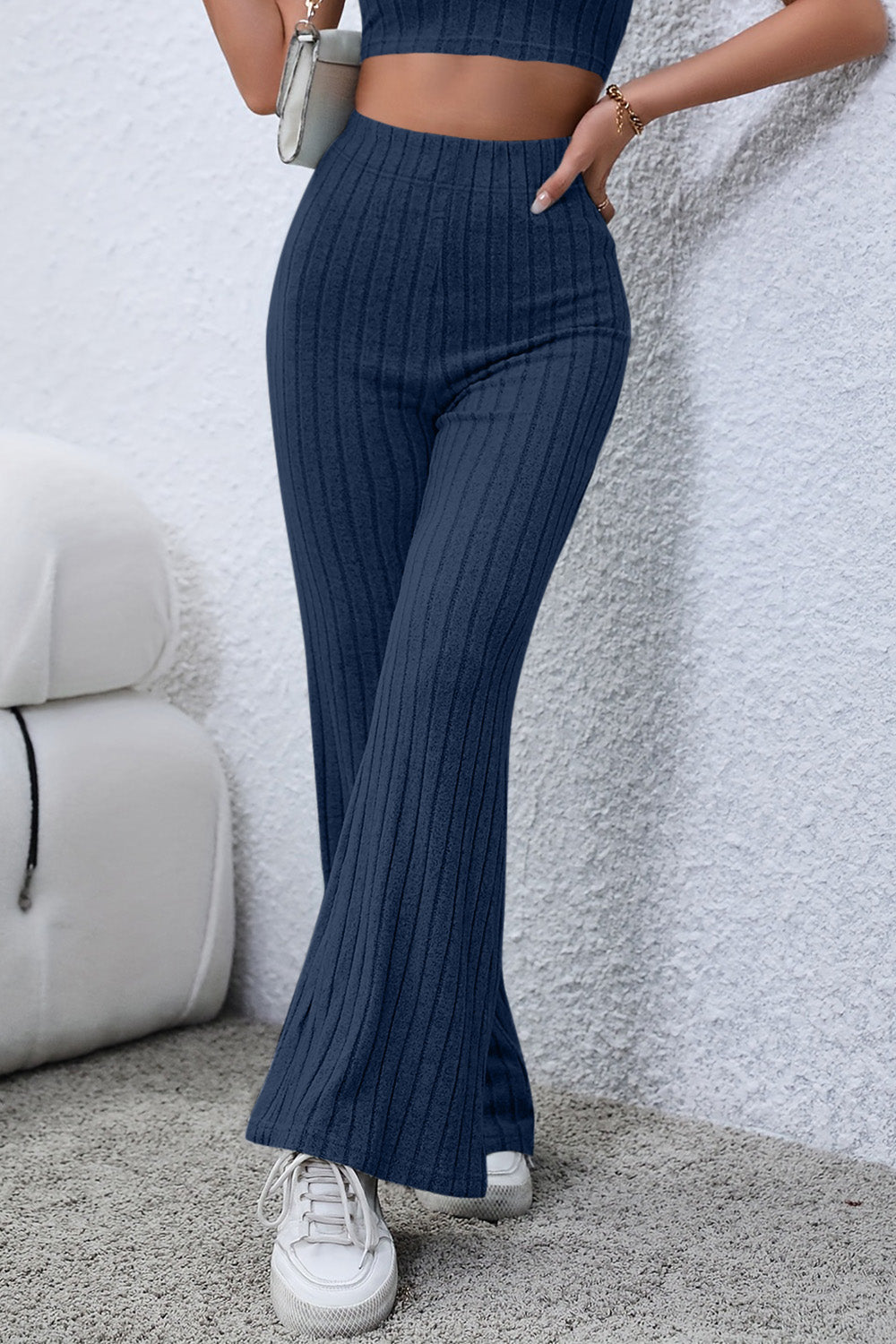 Basic Bae Full Size Ribbed High Waist Flare Pants - Luminous Bear Shop