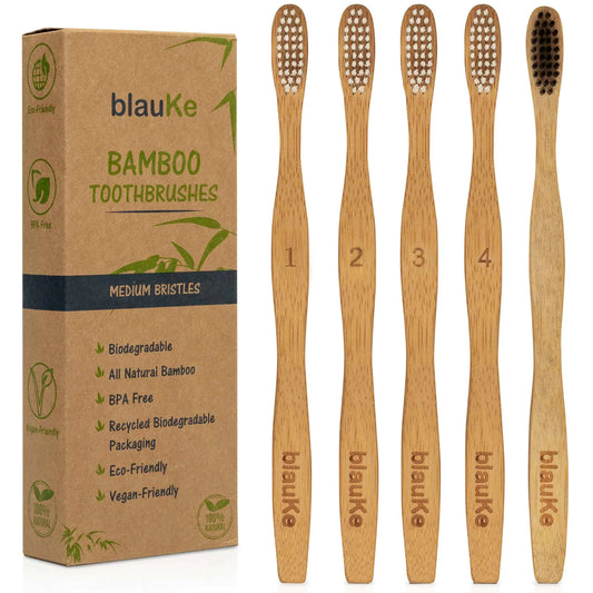 Bamboo Toothbrush Set 5-Pack - Bamboo Toothbrushes with Medium Bristles for Adults - Eco-Friendly, Biodegradable, Natural Wooden Toothbrushes - Luminous Bear Shop