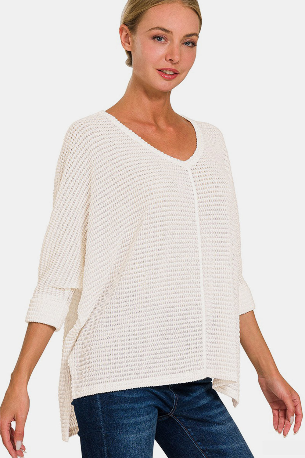 Zenana Full Size Round Neck High-Low Slit Knit Top - Luminous Bear Shop