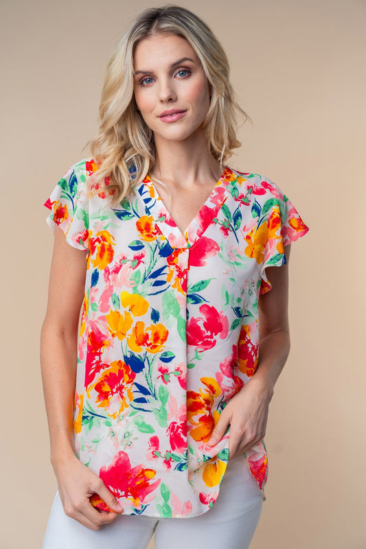 White Birch Full Size Short Sleeve Floral Woven Top - Luminous Bear Shop
