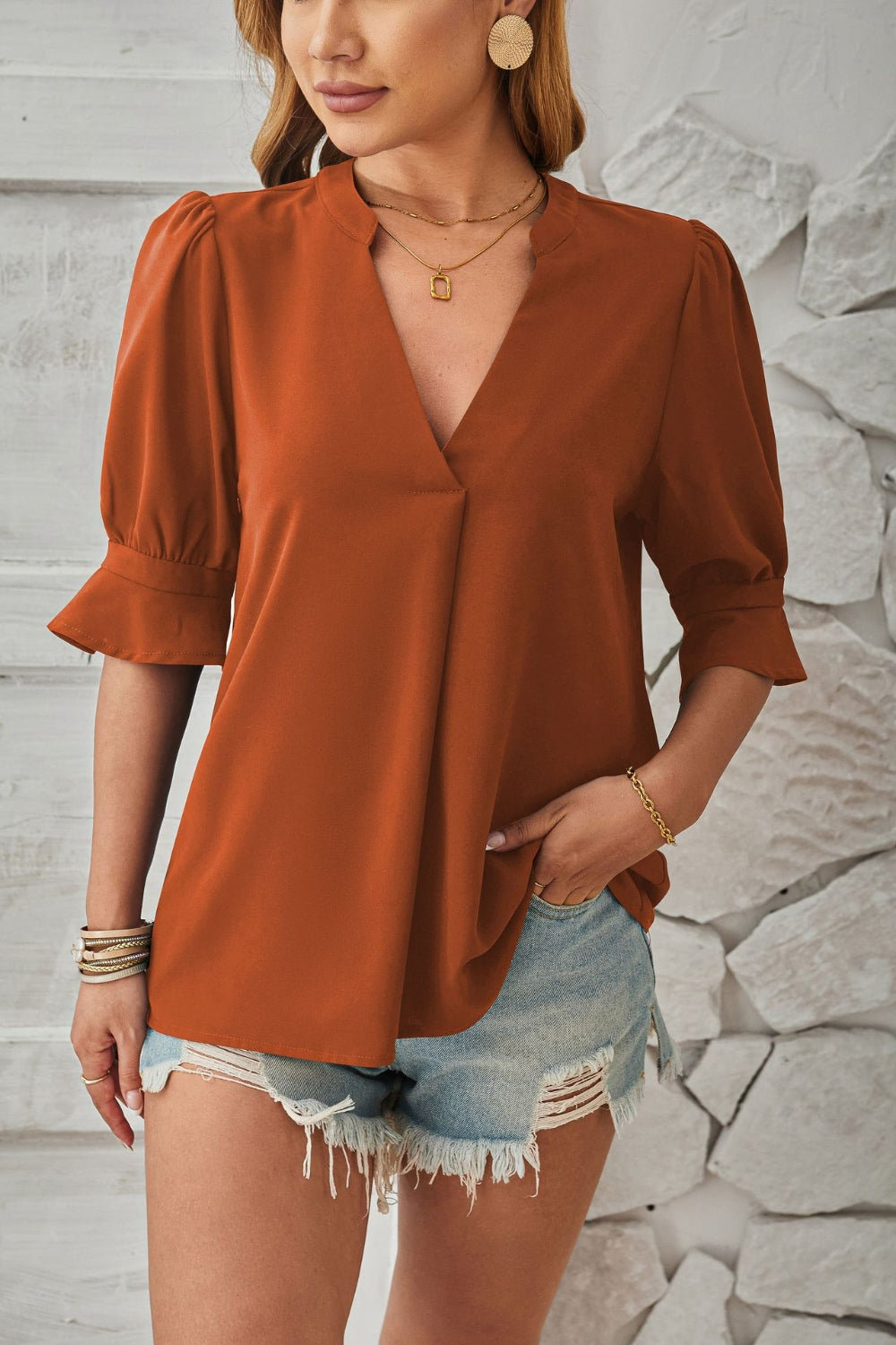 Notched Half Sleeve Blouse - Luminous Bear Shop