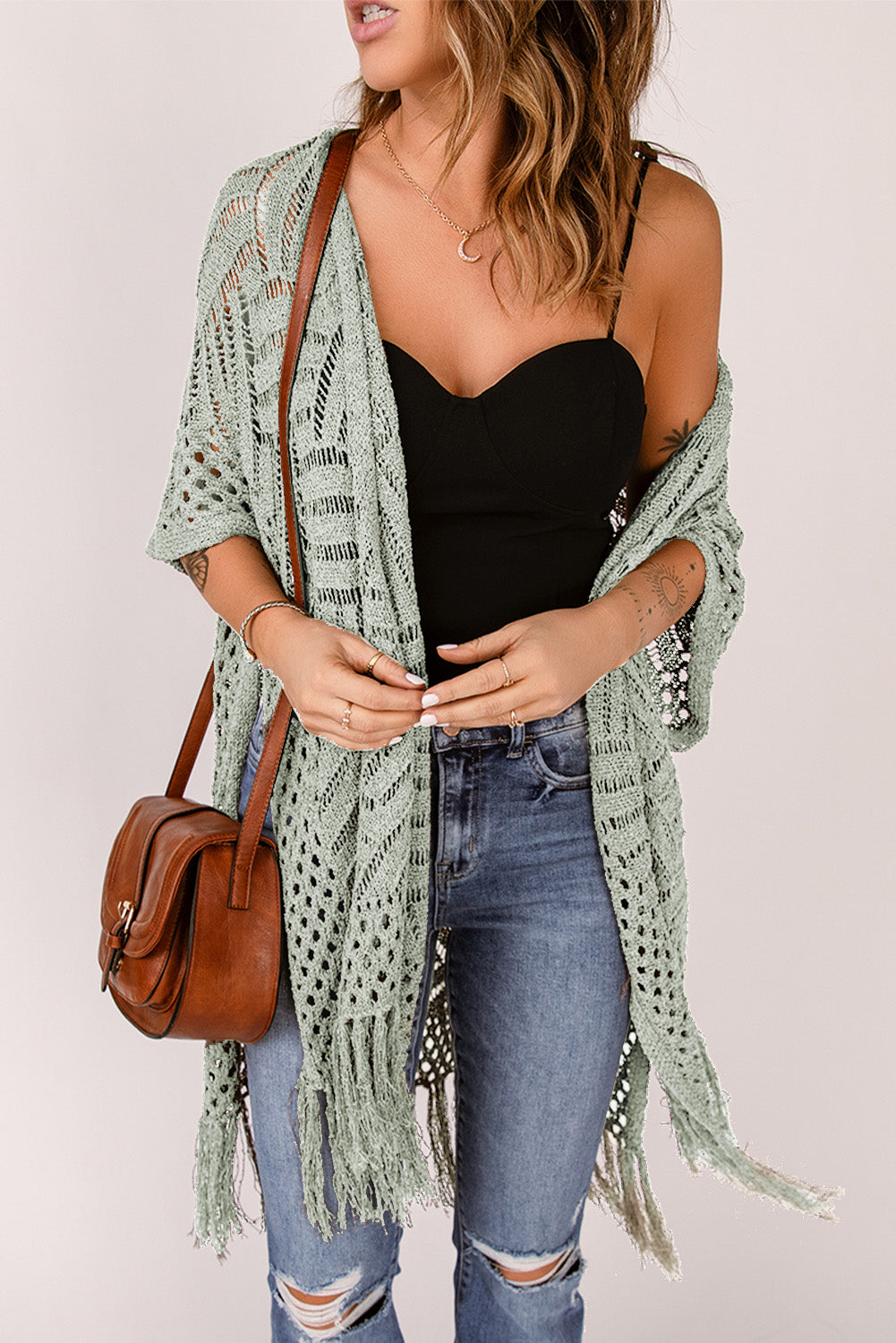 Openwork Open Front Cardigan with Fringes - Luminous Bear Shop