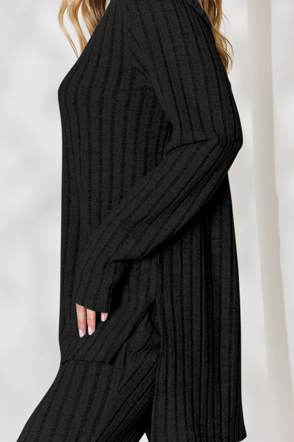 Basic Bae Full Size Ribbed High-Low Top and Wide Leg Pants Set - Luminous Bear Shop