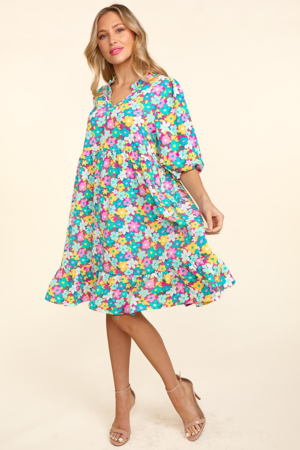 Haptics Bubble Sleeve Floral Ruffled Dress - Luminous Bear Shop