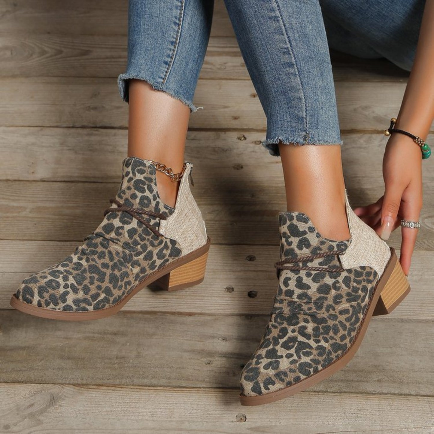 Contrast Canvas Low Heel Boots - Luminous Bear Shop