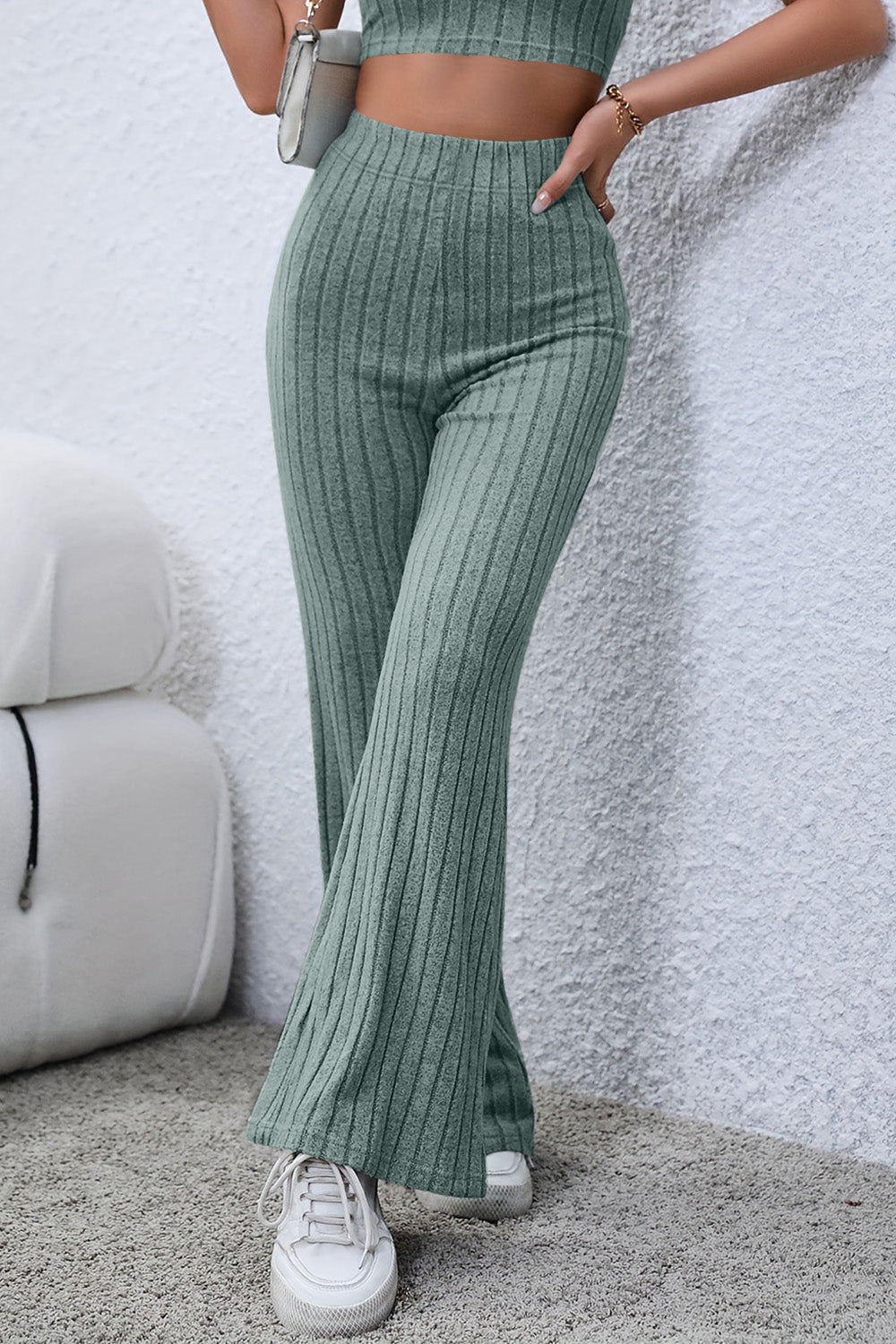 Basic Bae Full Size Ribbed High Waist Flare Pants - Luminous Bear Shop