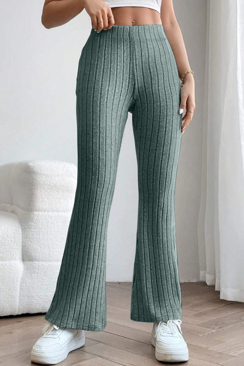 Basic Bae Full Size Ribbed High Waist Flare Pants - Luminous Bear Shop
