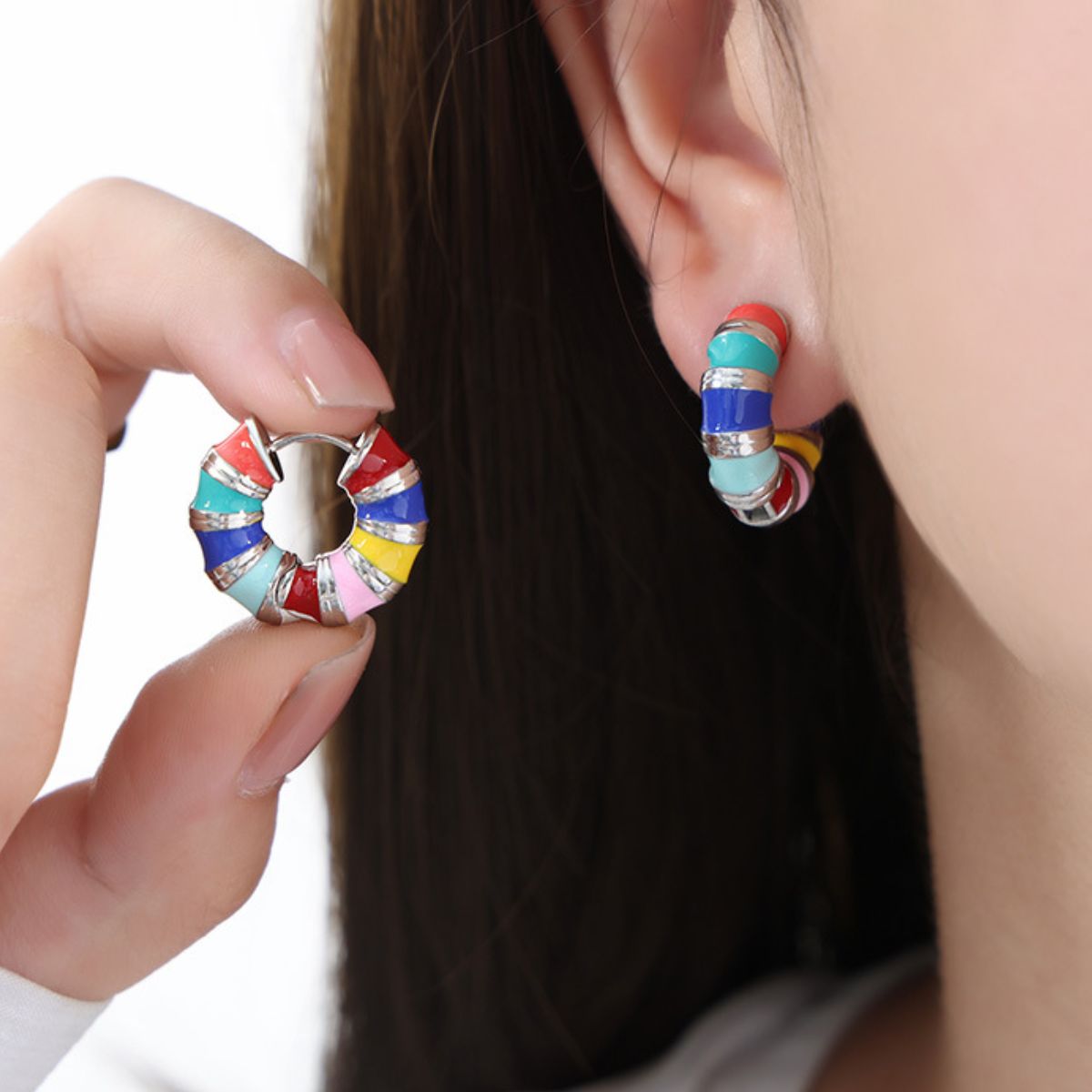 Titanium Steel Enamel Hoop Earrings - Luminous Bear Shop