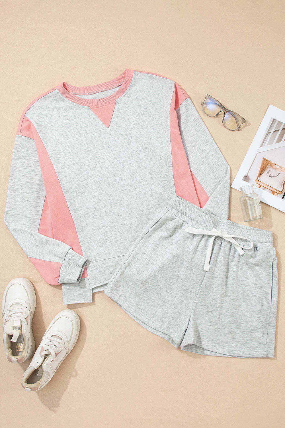Light Grey Color Block Raw Hem Pullover and Casual Shorts Set