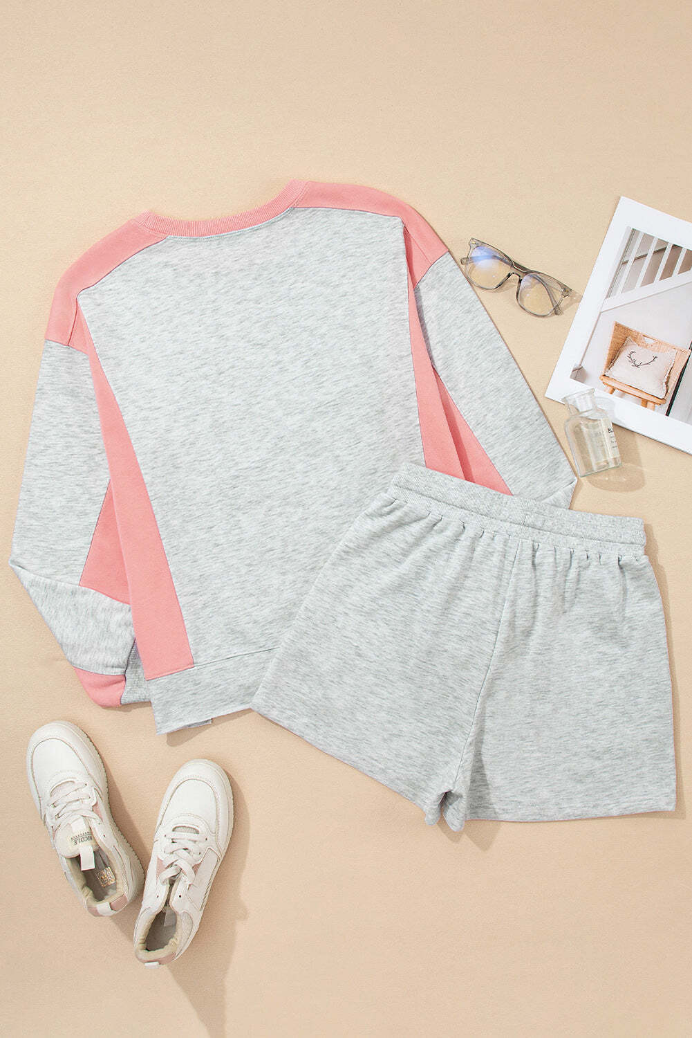 Light Grey Color Block Raw Hem Pullover and Casual Shorts Set