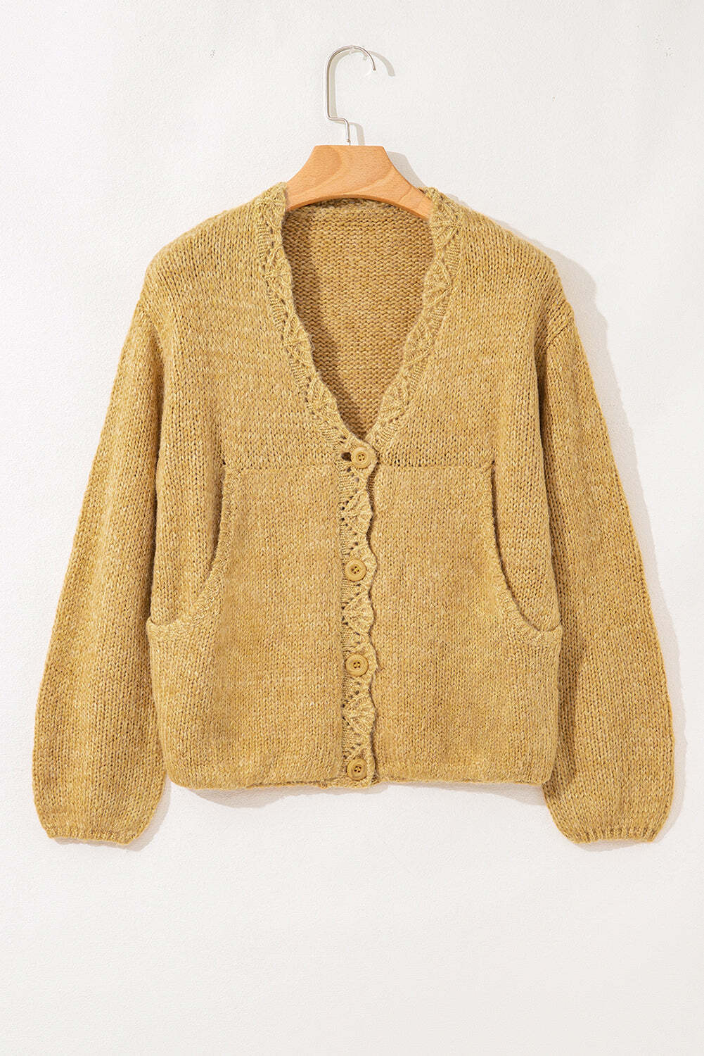 Light French Beige Lantern Sleeve Scallop V Neck Buttoned Front Cardigan