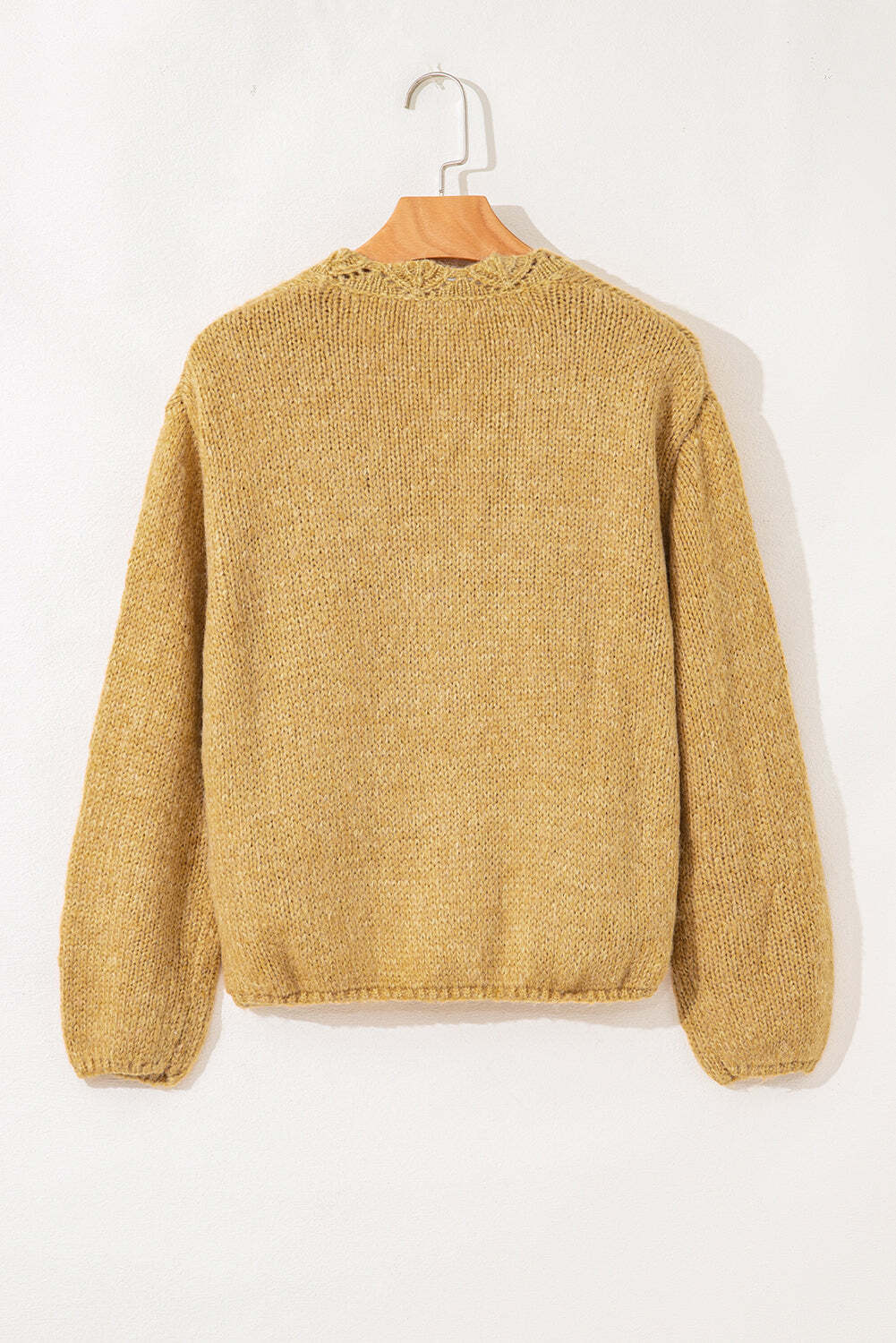 Light French Beige Lantern Sleeve Scallop V Neck Buttoned Front Cardigan