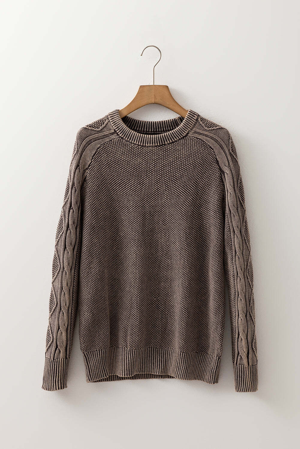 Dark Brown Contrast Cable Knit Sleeve Casual Sweater