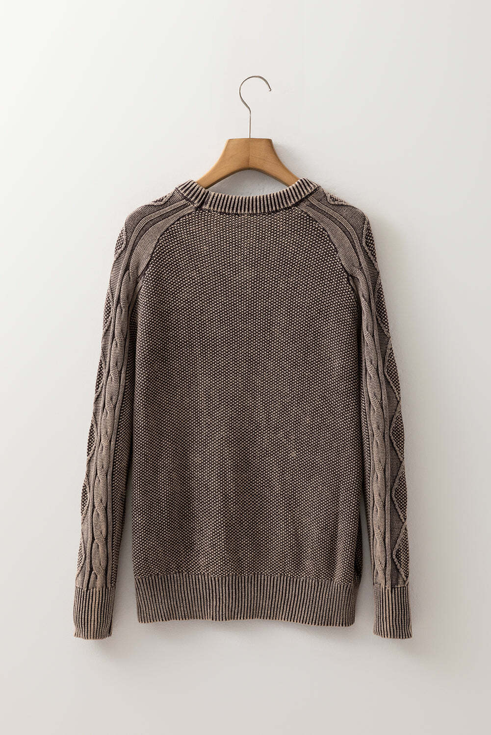 Dark Brown Contrast Cable Knit Sleeve Casual Sweater