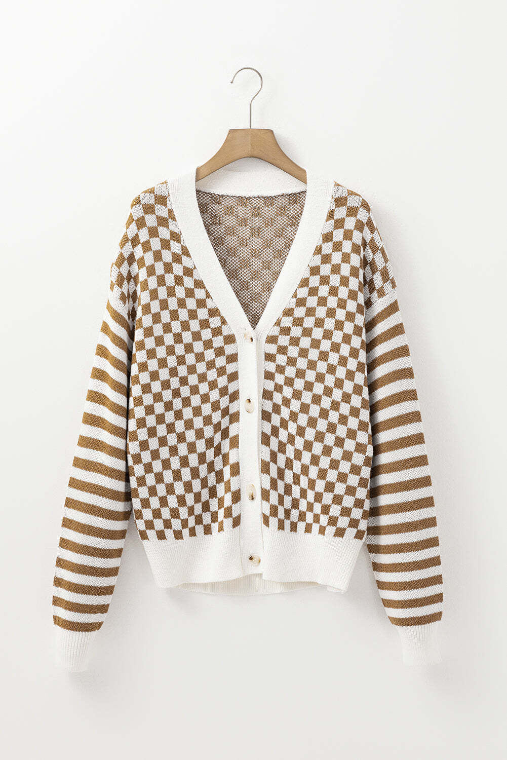 Brown Checkered Striped Patched Buttoned V Neck Cardigan
