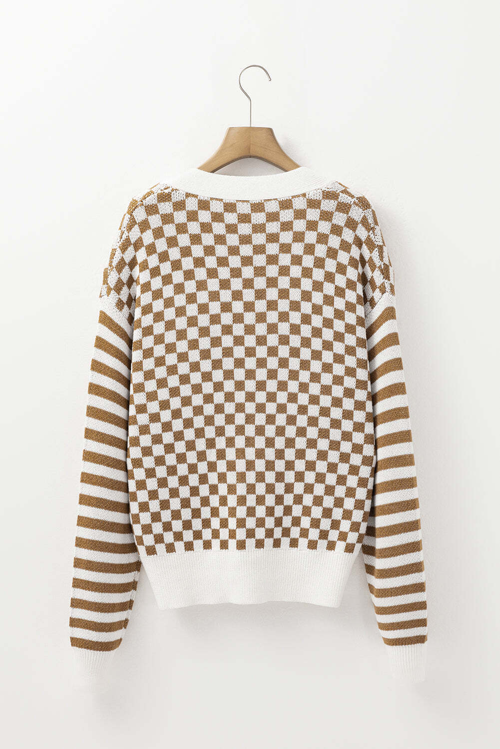 Brown Checkered Striped Patched Buttoned V Neck Cardigan