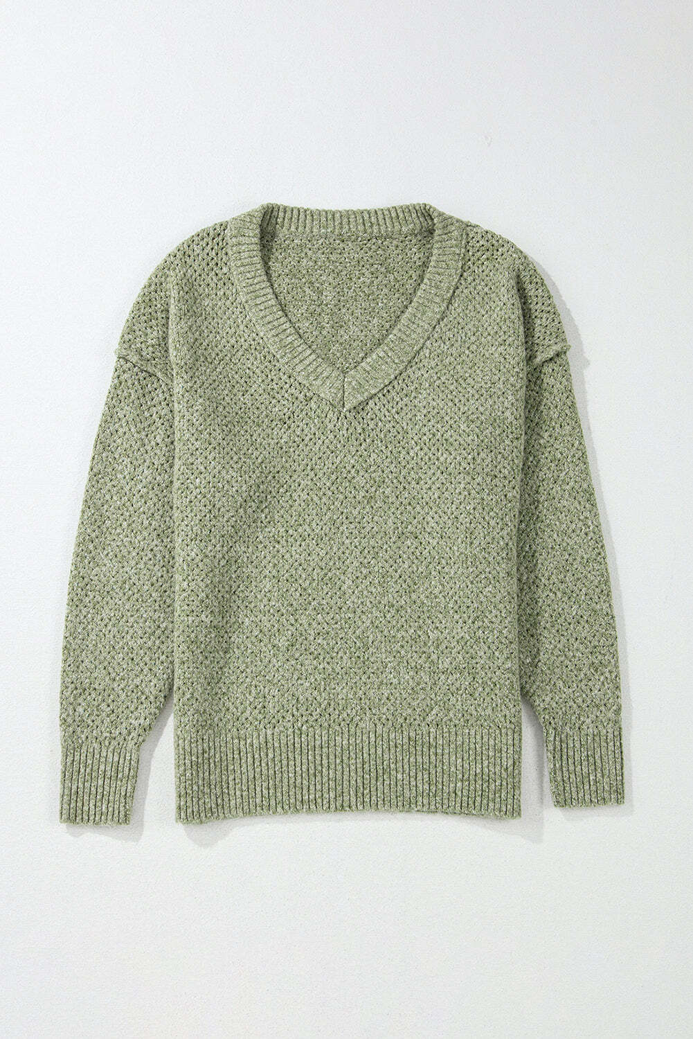 Jungle Green Loose Eyelet V Neck Drop Shoulder Sweater